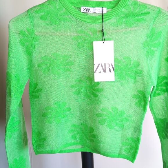 ZARA Mesh Floral Knit Metallic Effect Long Sleeve Neon Green 💚 Top NWT - Picture 2 of 11
